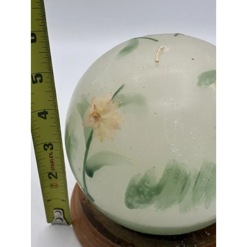 Vintage Handmade Sphere Candle Pressed Flowers Wood Base 5” Boho Decor
